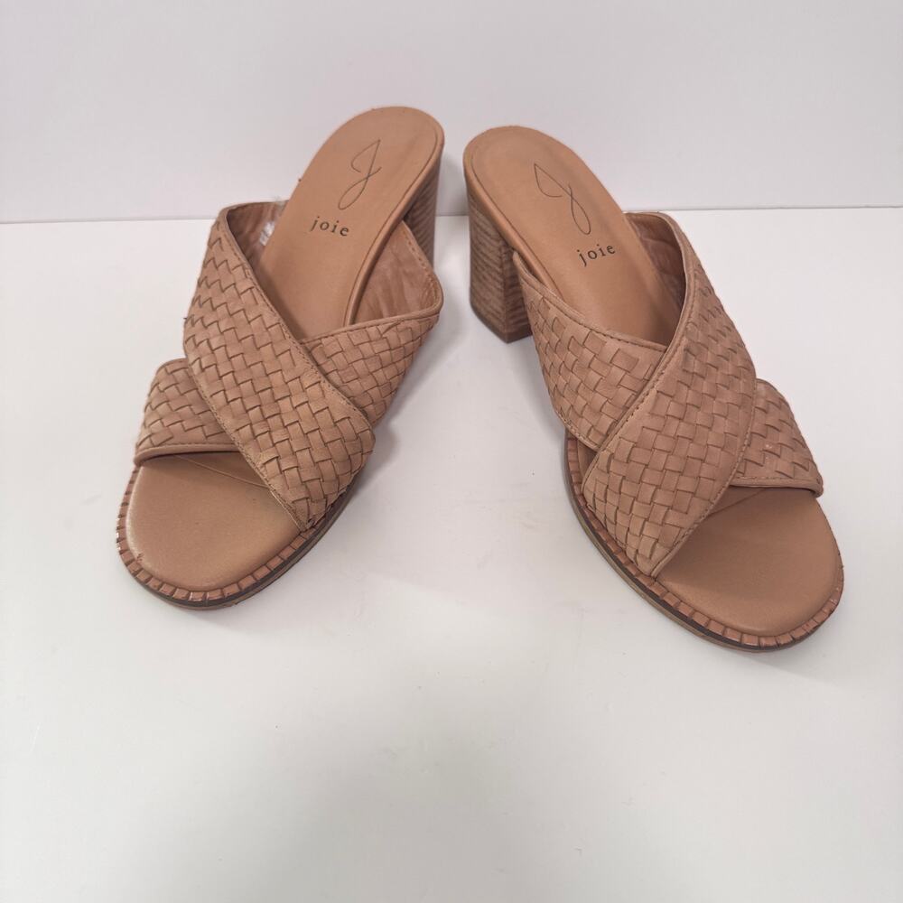 Joie Womens Woven Criss Cross Sandals Size 9 Leather Chunky Heel Neutral Tan